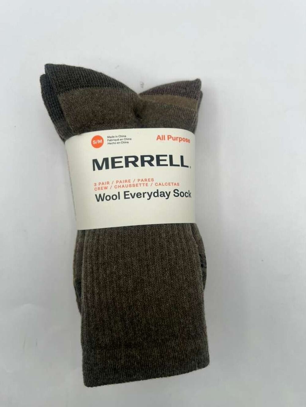 Merrell Unisex Wool Everyday Crew Socks 3 Pair Pack S/M Brown Wool Blend New